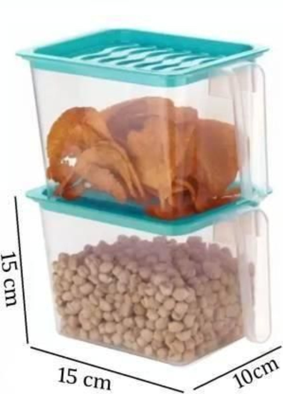Two stacked storage containers with a loaf of bread and pet food, labeled with dimensions.