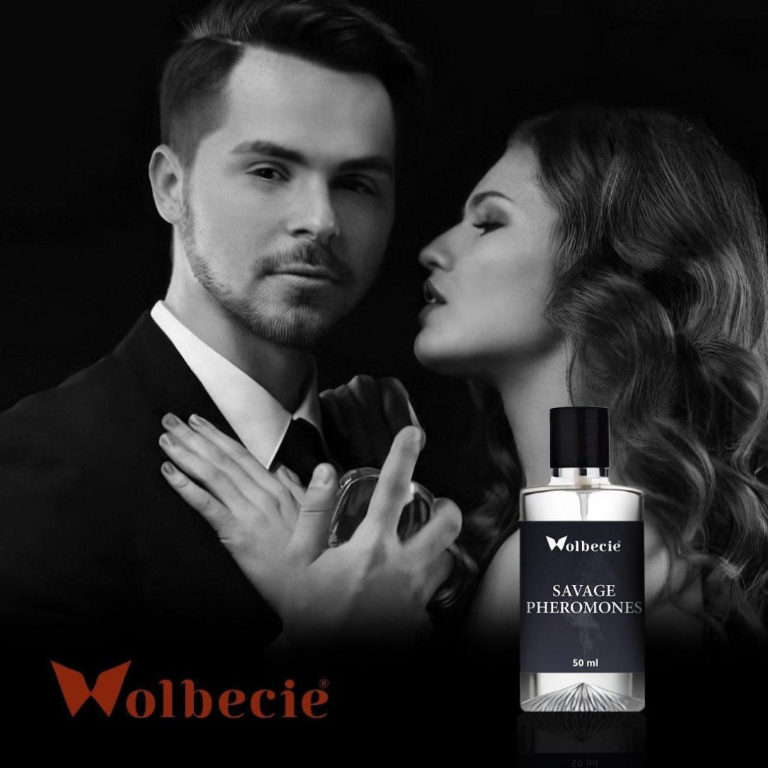 Advertisement for Wolbecie Savage Pheromones with a man and woman in a close embrace.