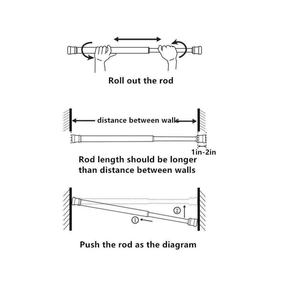 Instructions for rolling out and positioning a rod between walls with measurements.