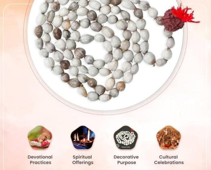 Close-up of a string of prayer beads with a red tassel on a light pink background.