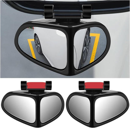 An adjustable car auxiliary rearview mirror with a black plastic frame and a reflective surface, shown in both red and yellow tint options.