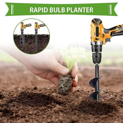 Electric bulb planter being used to plant a bulb in soil with 'Rapid Bulb Planter' text above.