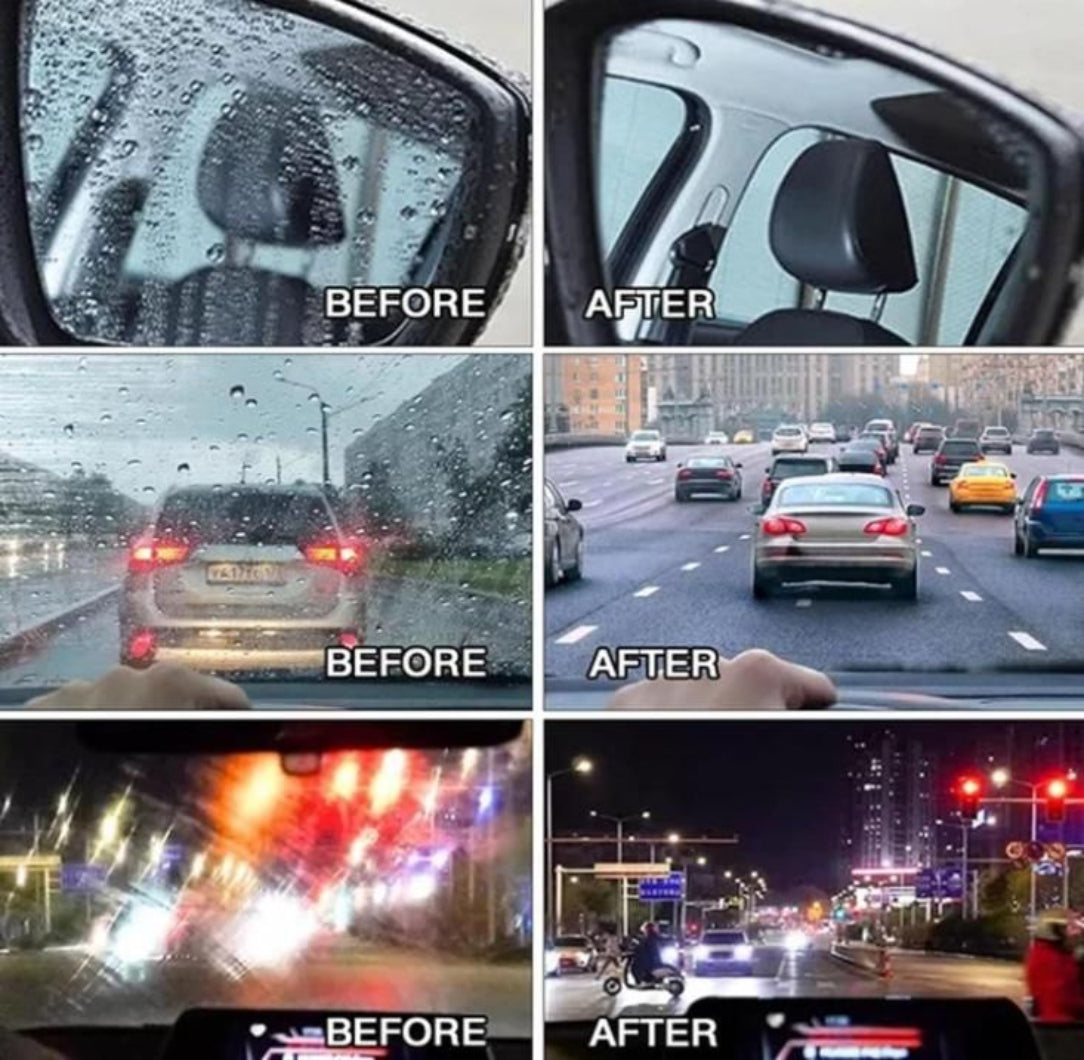 Before and after comparison of a car's windshield and side mirror with raindrops, traffic scenes, and night-time street lights.