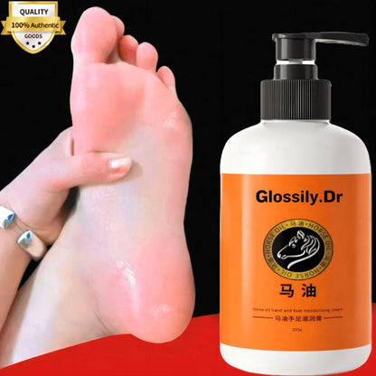 Orange bottle of Glossily Dr cream with a foot showing smooth skin on a black and red background