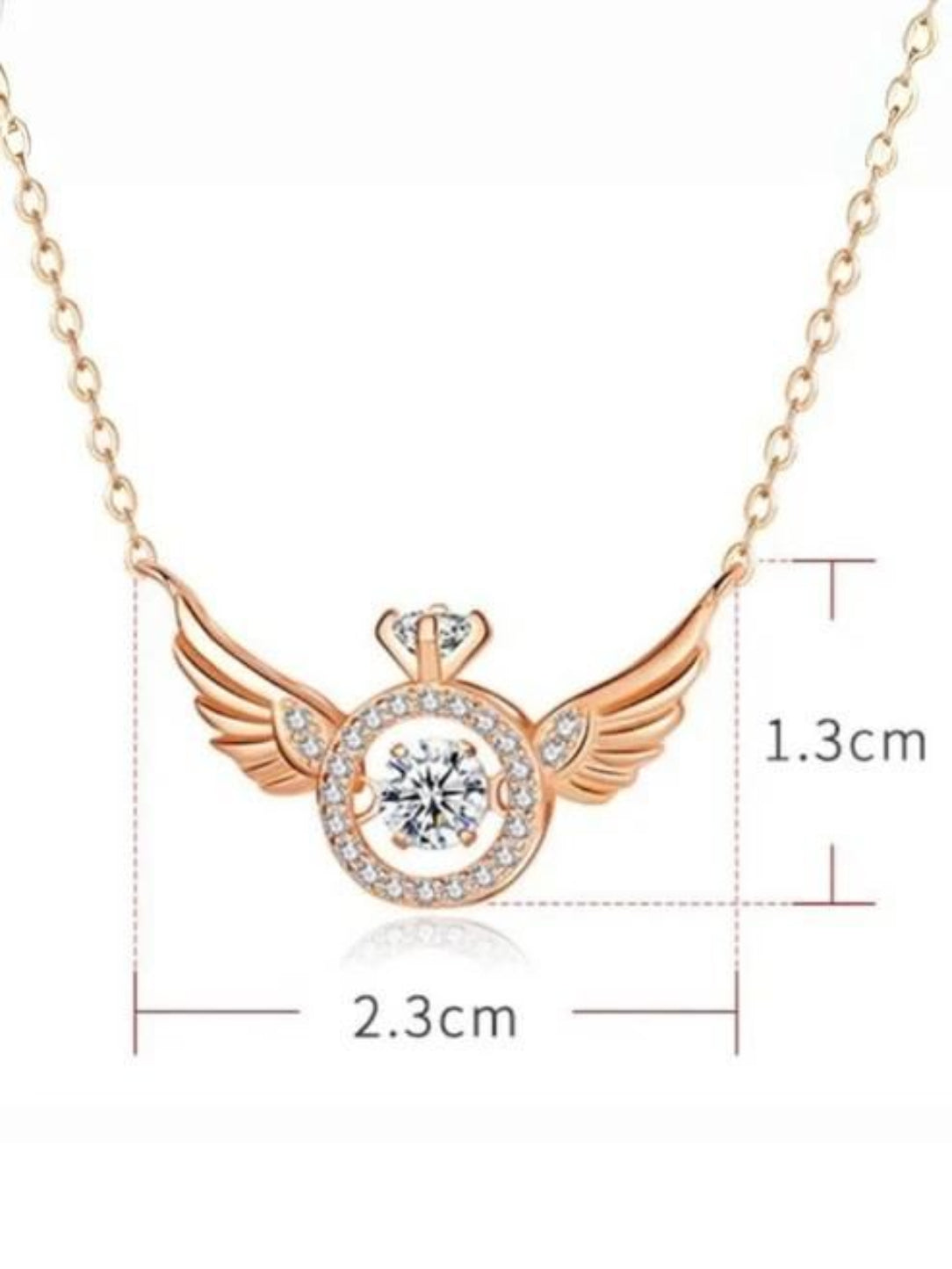 Rose gold necklace with angel wing design and measurements on a white background