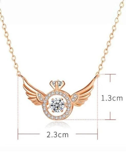 Rose gold necklace with angel wing design and measurements on a white background