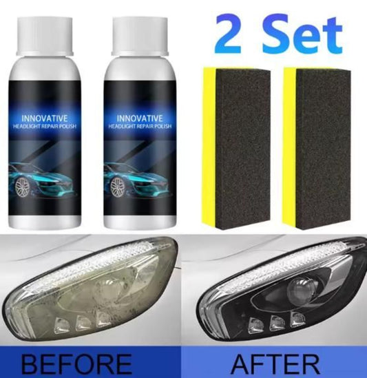 Two bottles of headlights repair polish, two sponges, and a before-and-after comparison of a car headlight.