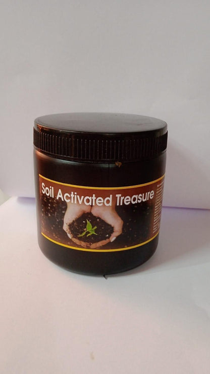Jar labeled 'Soil Activated Treasure' on a white background
