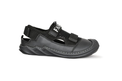 Black sandal with velcro straps on a white background