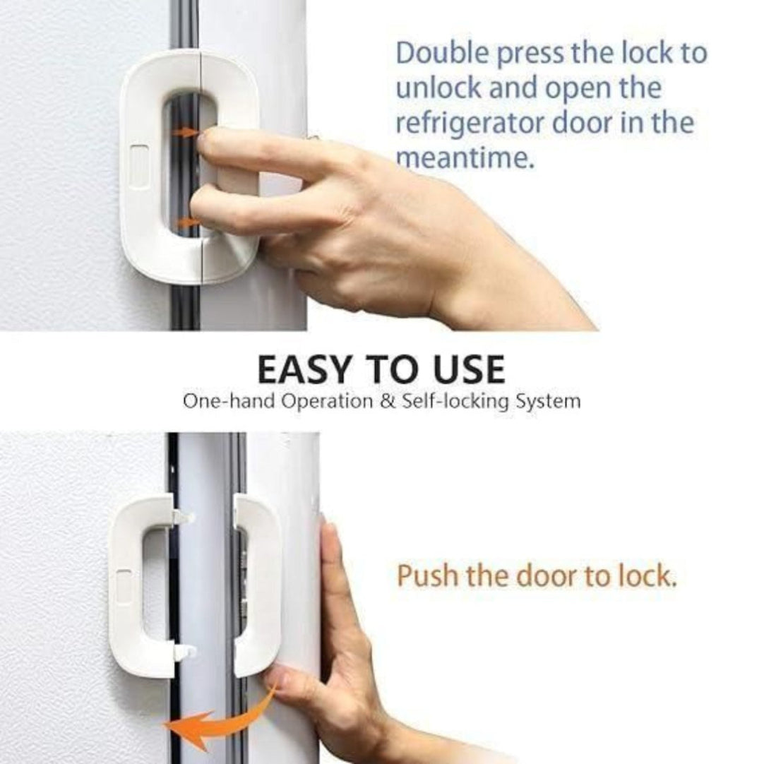 Hand using a refrigerator door lock mechanism with text instructions on how to use it.