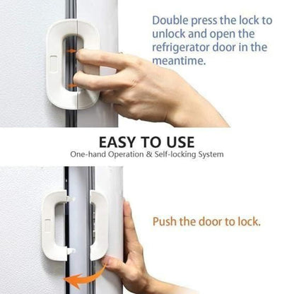 Hand using a refrigerator door lock mechanism with text instructions on how to use it.