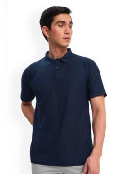 Man wearing a navy blue polo shirt on a white background