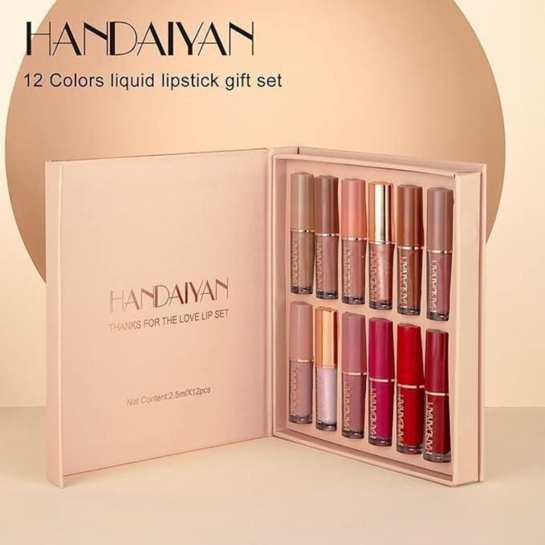 HANDAIYAN 12 colors liquid lipstick gift set in a box on a beige background