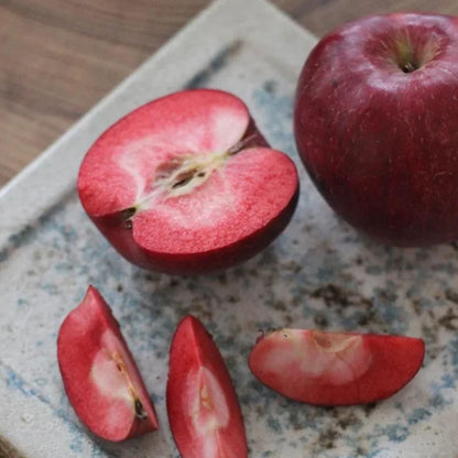 Red apple and its slices on a textured surface