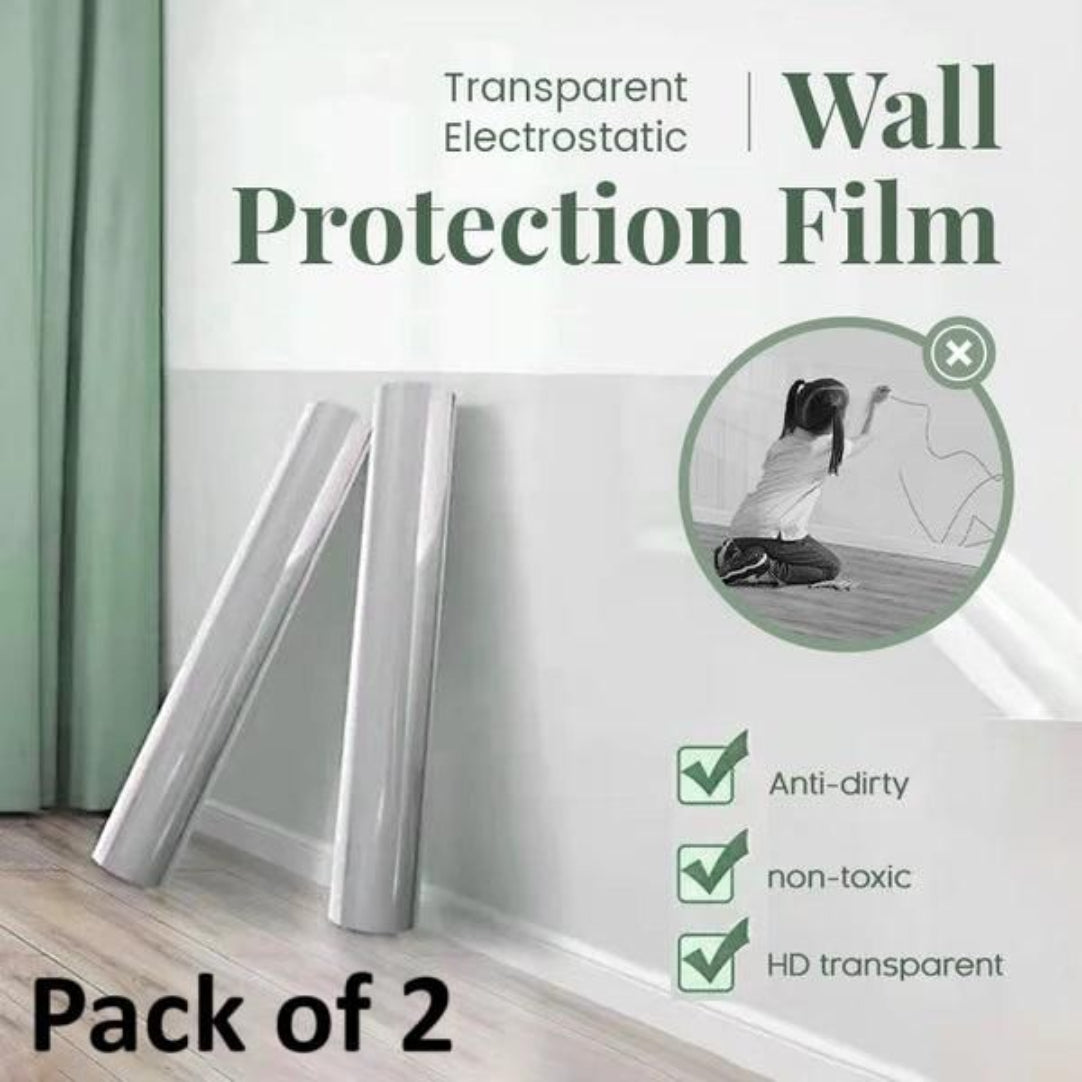 Transparent electrostatic wall protection film with rolls and a child drawing on a wall, labeled 'Pack of 2'.
