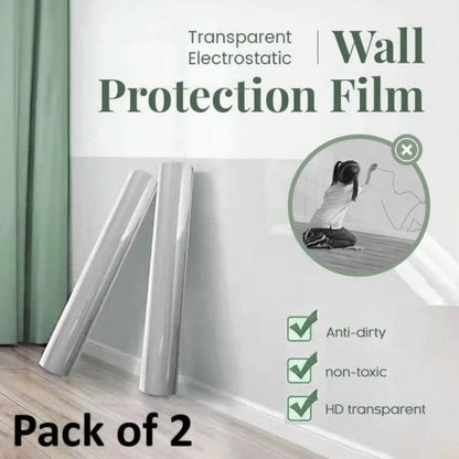 Transparent electrostatic wall protection film with rolls and a child drawing on a wall, labeled 'Pack of 2'.