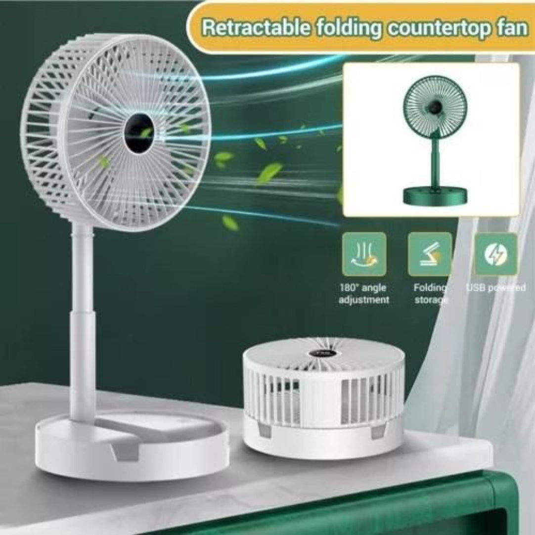 Retractable folding countertop fan with features highlighted on a green background