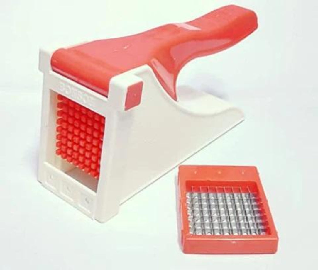 Red and white vegetable chopper on a white background