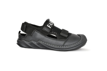 Black sandal with velcro straps on a white background