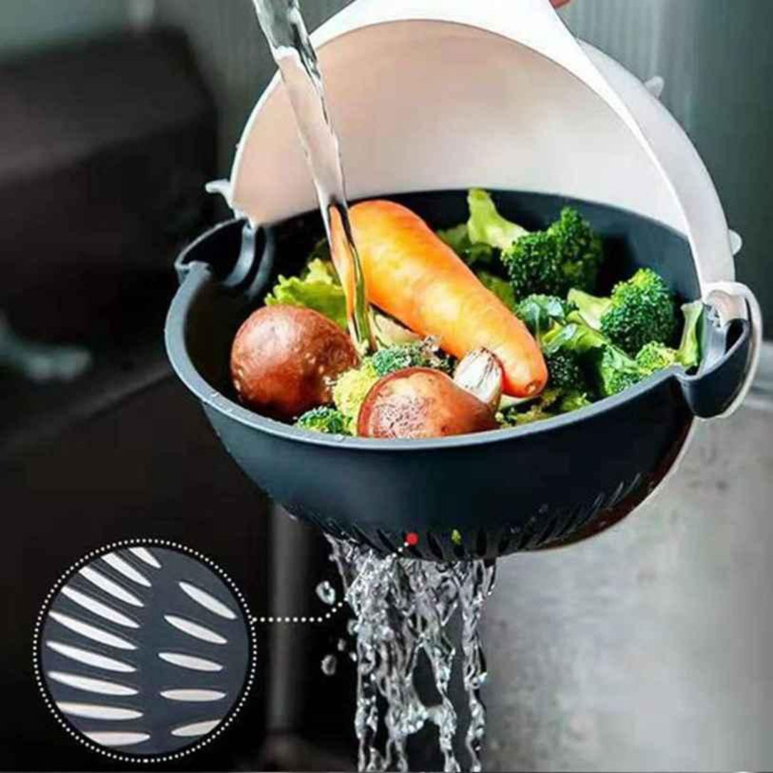 Colander with vegetables being rinsed under running water