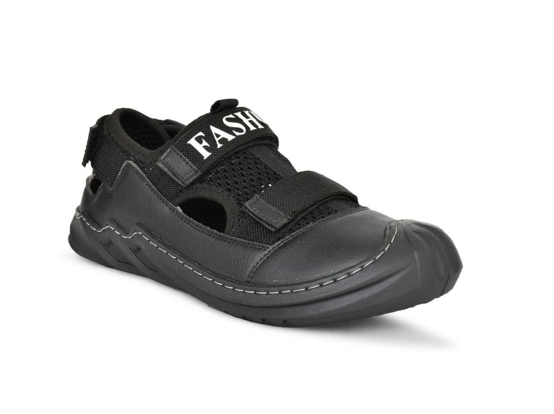 Black sandal with 'FASHION' branding on a white background
