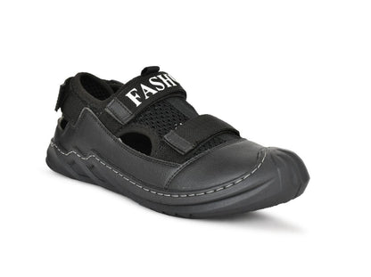 Black sandal with 'FASHION' branding on a white background