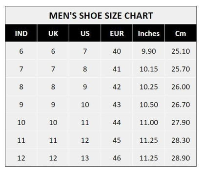 Men's shoe size chart with various measurement units