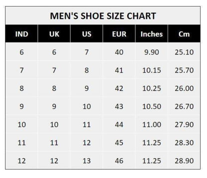 Men's shoe size chart with various measurement units