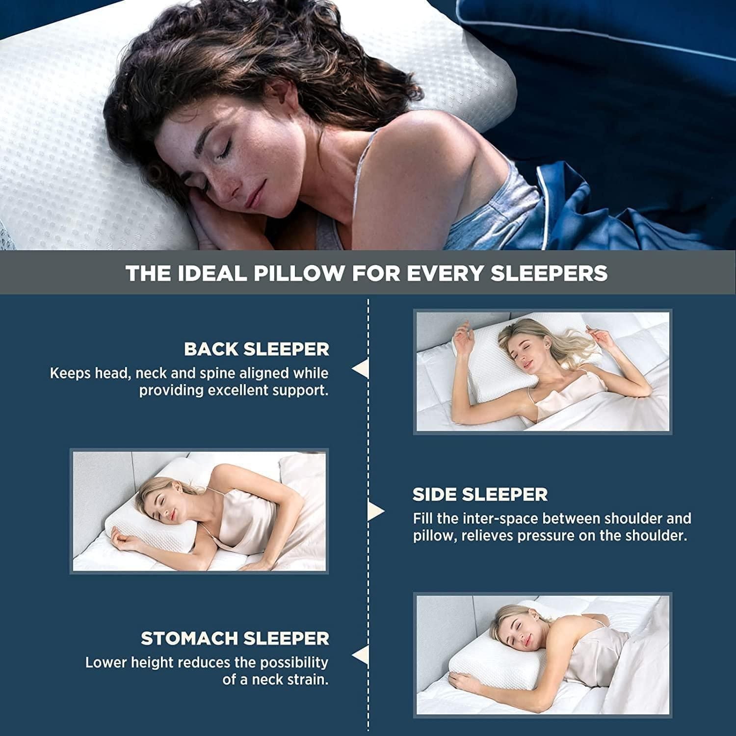 Woman sleeping on a pillow with text explaining its benefits for different sleepers.