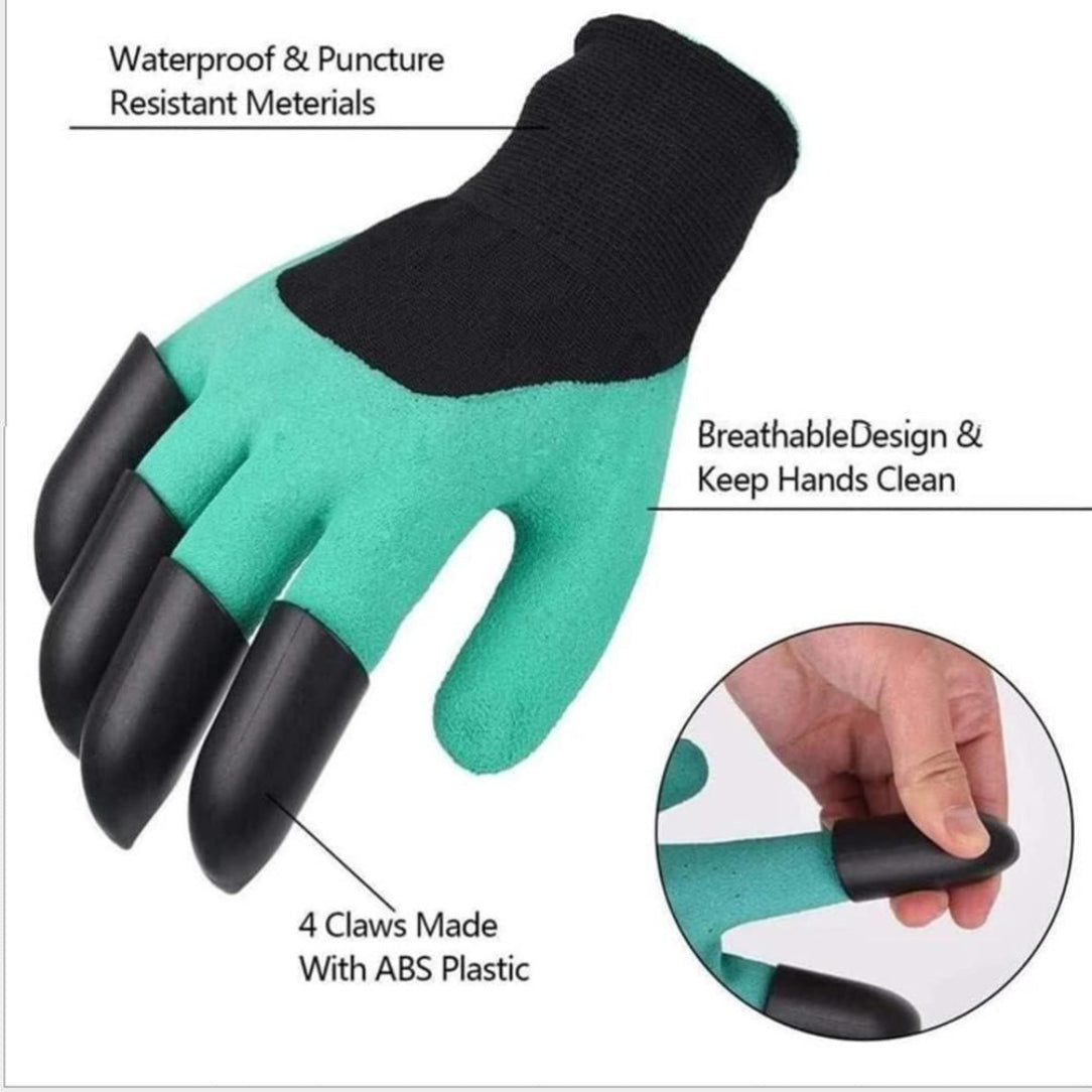 Gardening glove with black claws on a white background, highlighting features like waterproof material and breathable design.