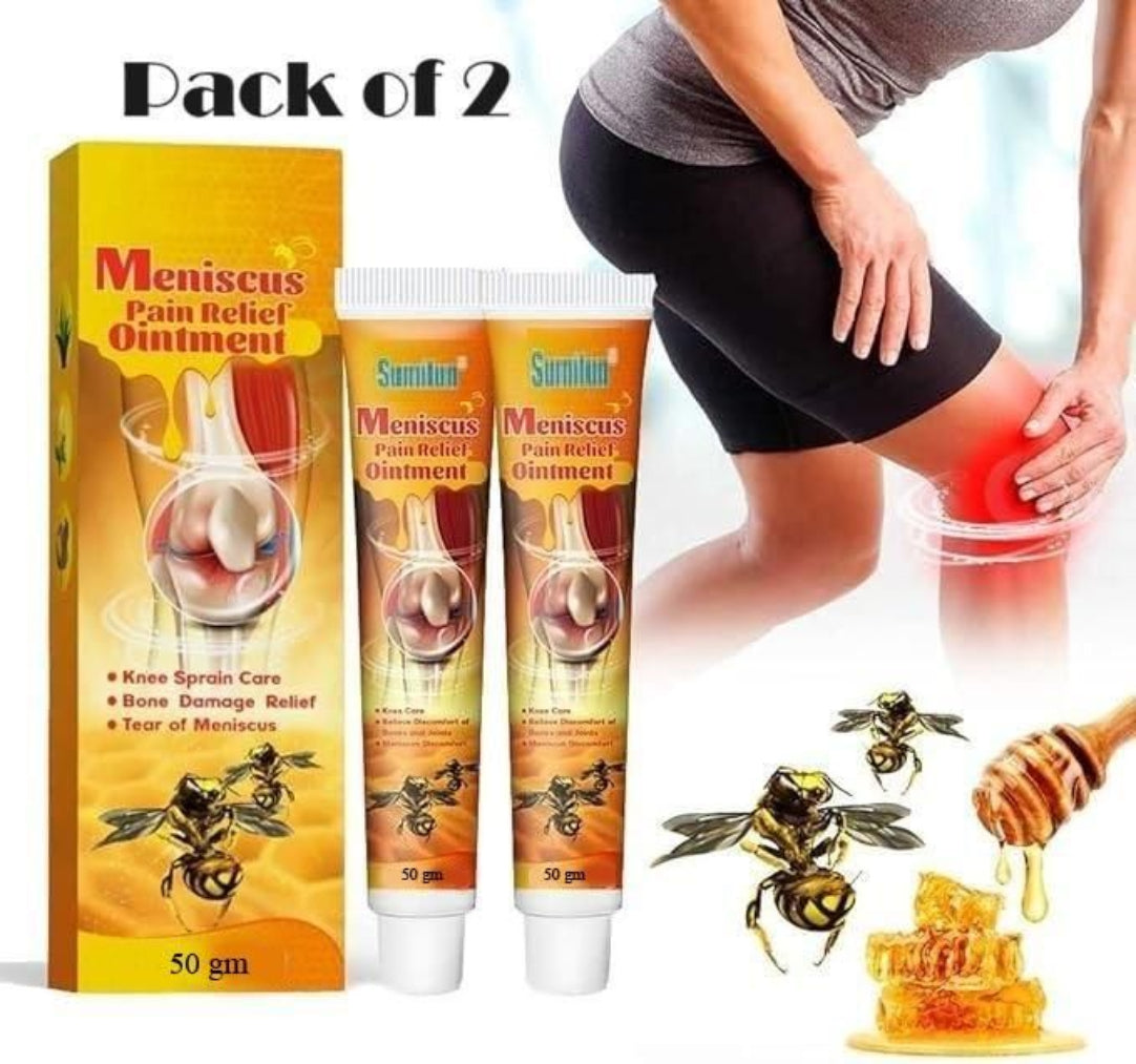 Packaging of Meniscus Pain Relief Cream featuring two tubes of cream with a visual depiction of application on a knee, alongside images of bees and honey.