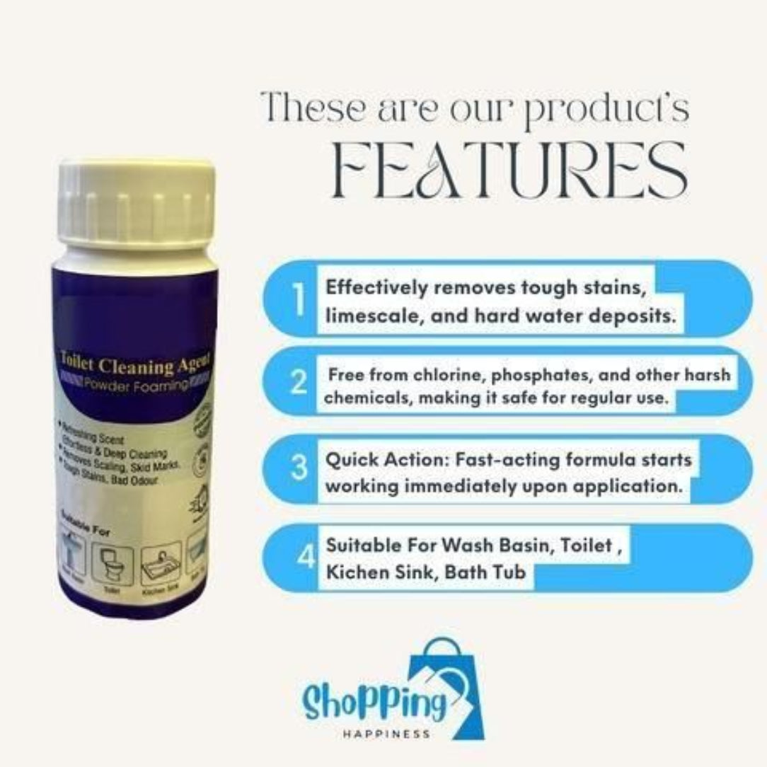 Bottle of toilet cleaning agent with features listed on a white background