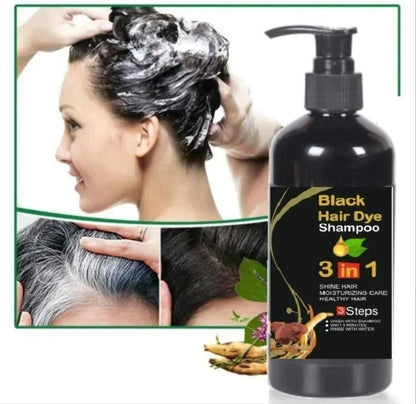 Black hair dye shampoo bottle with usage instructions and product details.
