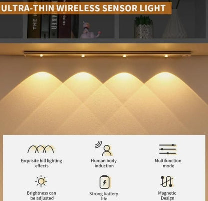 Ultra-thin wireless sensor light fixture with illuminated area and feature icons.