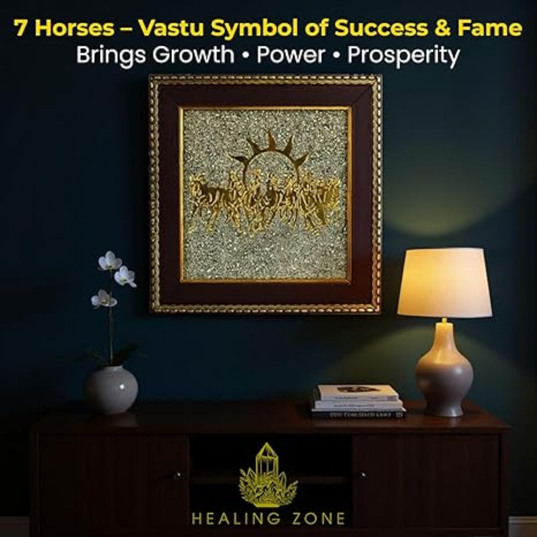 Decorative wall art with seven horses in a dark room with a lamp and plant.