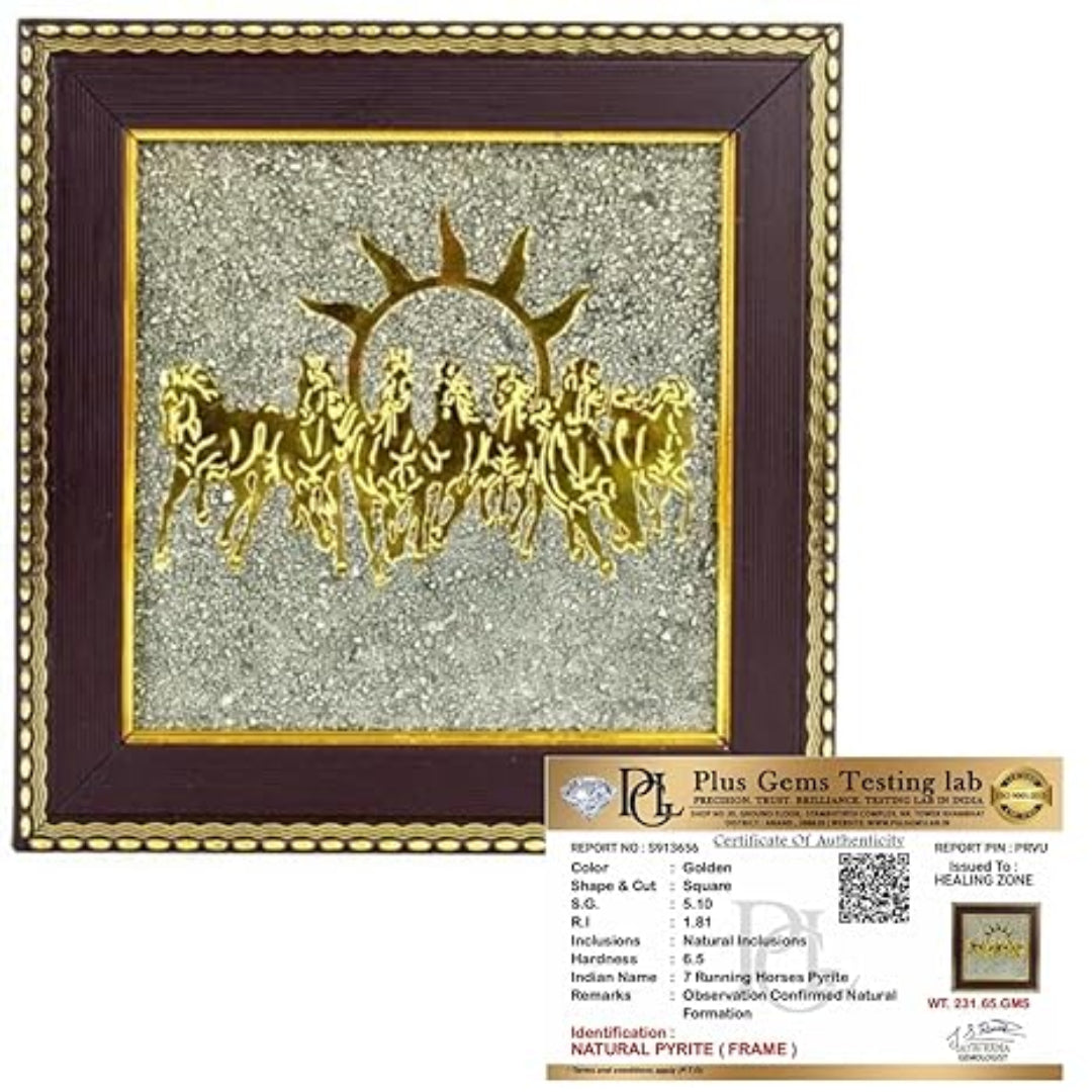 Decorative piece with gold horse design on a textured background, framed by a dark wood border, with a Plus Gems Testing lab certificate below.