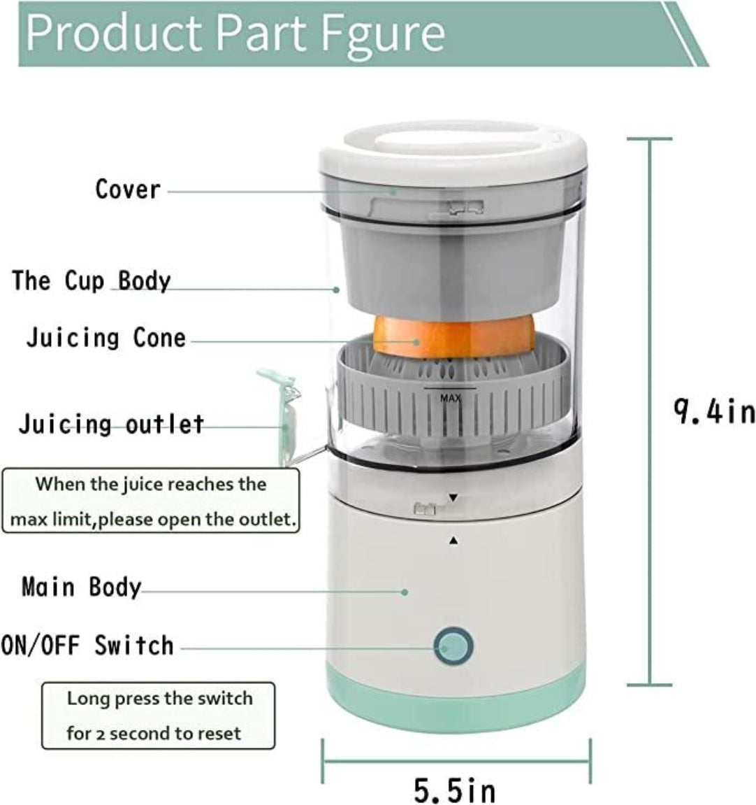 Juicer with labeled parts and dimensions on a white background