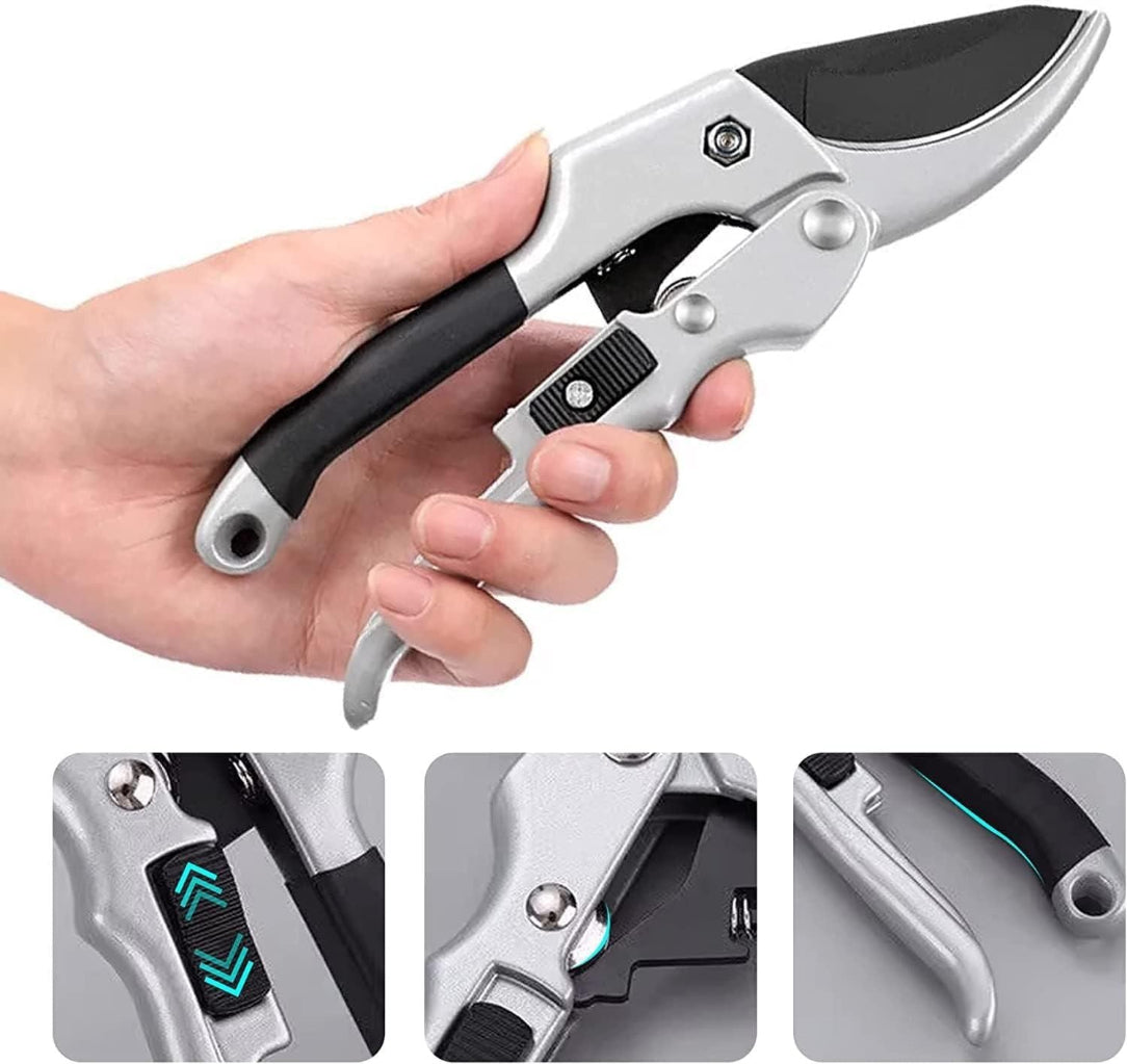 Hand holding a pair of pruning shears with close-up details on a white background