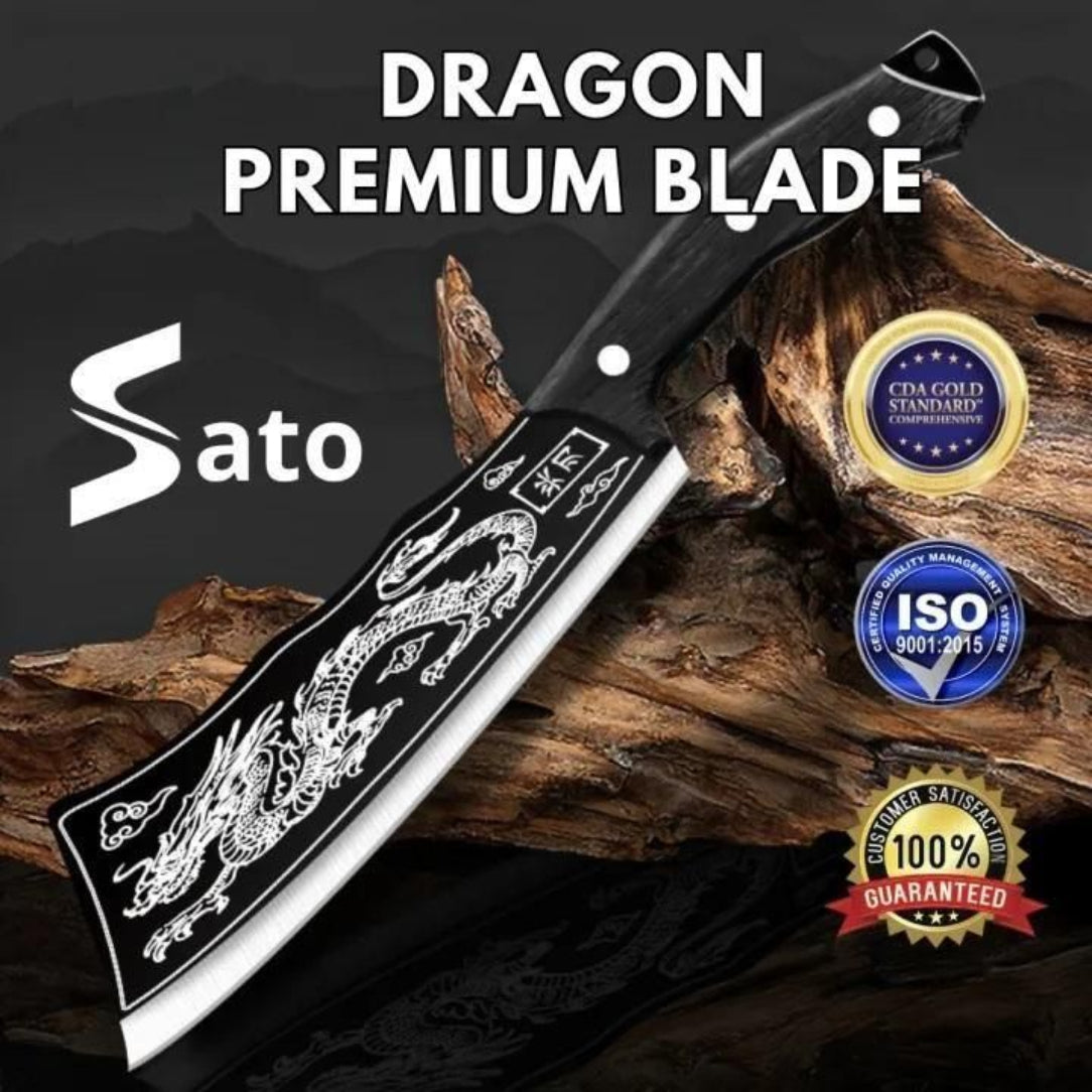 Sato Dragon Premium Blade with certification logos on a wooden background