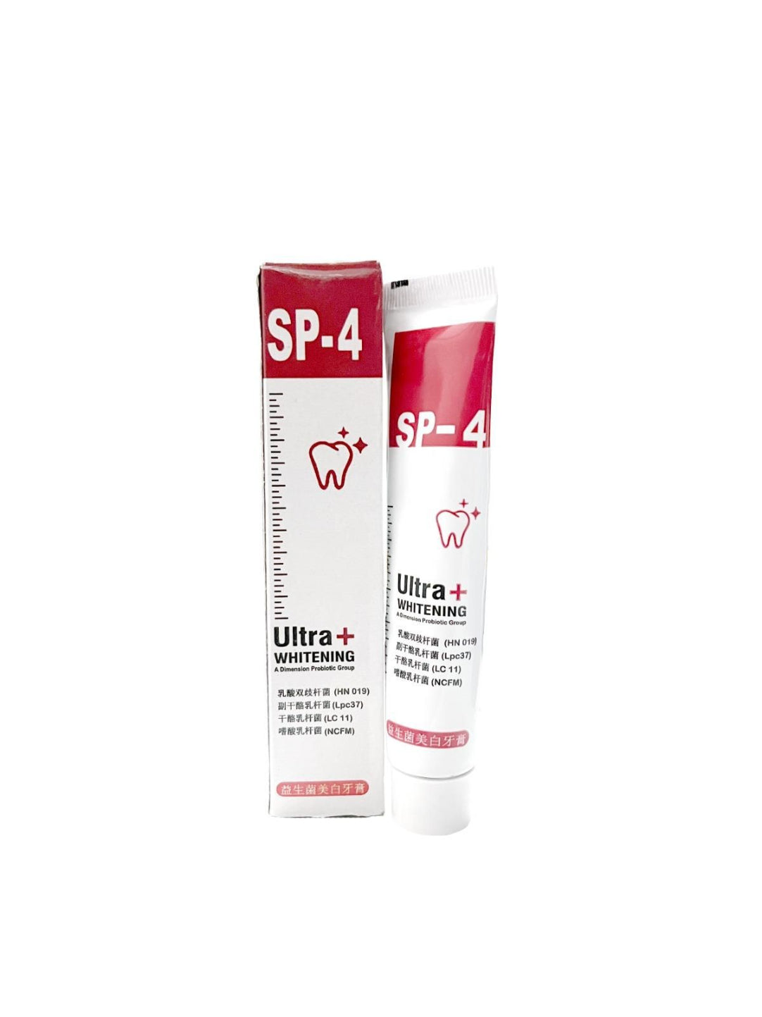 SP-4 Ultra Whitening toothpaste tube and packaging on a white background
