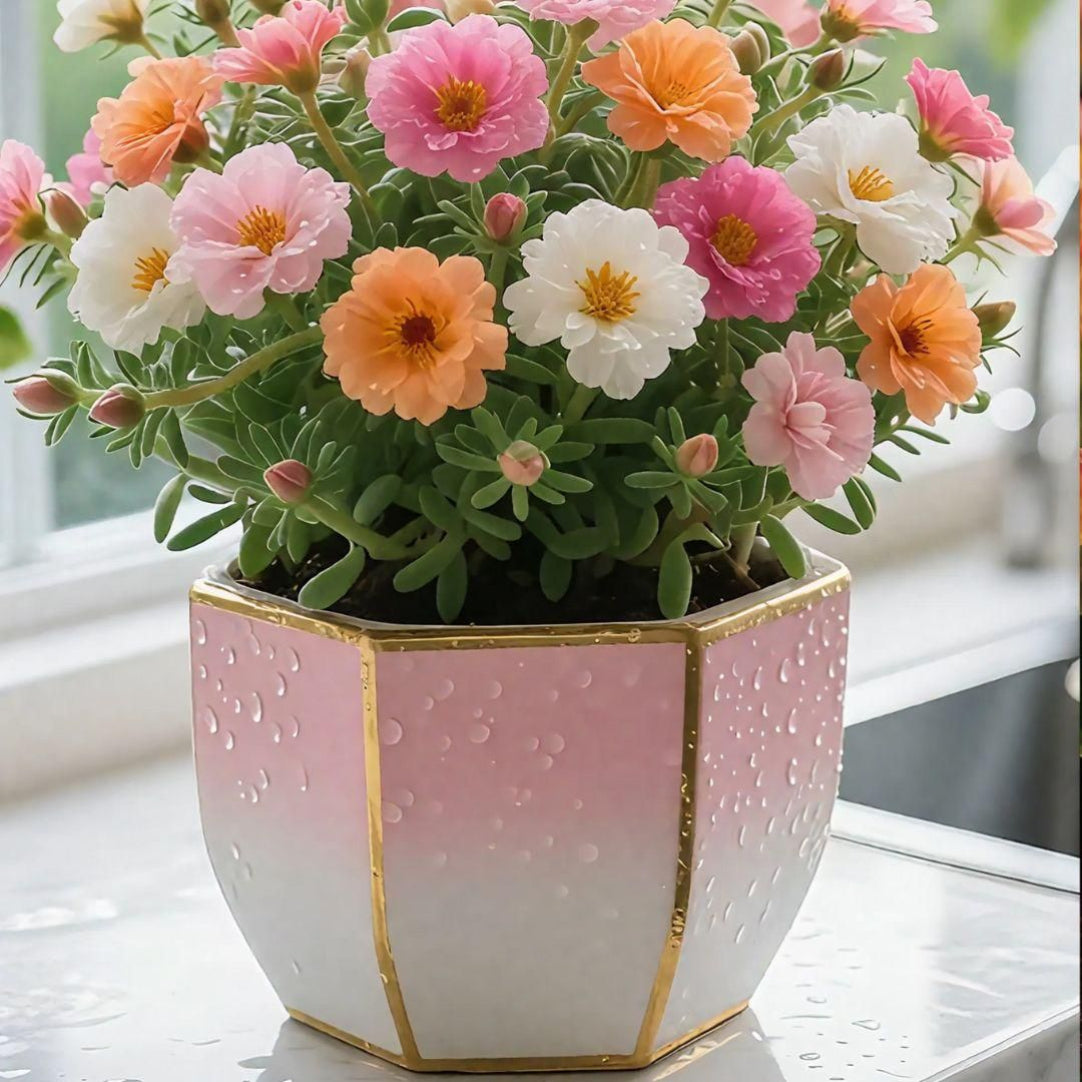 Potted plant with pink, orange, and white flowers in a decorative pot on a windowsill.
