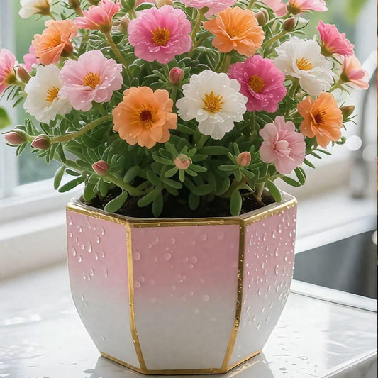 Potted plant with pink, orange, and white flowers in a decorative pot on a windowsill.