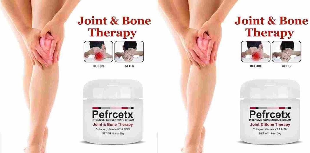 Pefrcetx Joint & Bone Therapy product with images of before and after effects on knees.