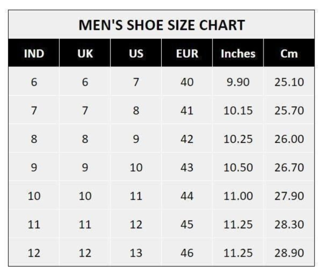 Men's shoe size chart converting between Indian, UK, US, EU, inches, and centimeters.