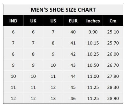 Men's shoe size chart converting between Indian, UK, US, EU, inches, and centimeters.