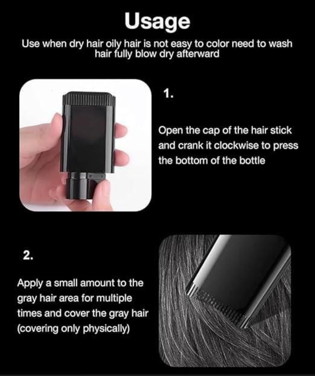 Instructions for using a hair color product with text and images of a hand holding a black hair color stick.