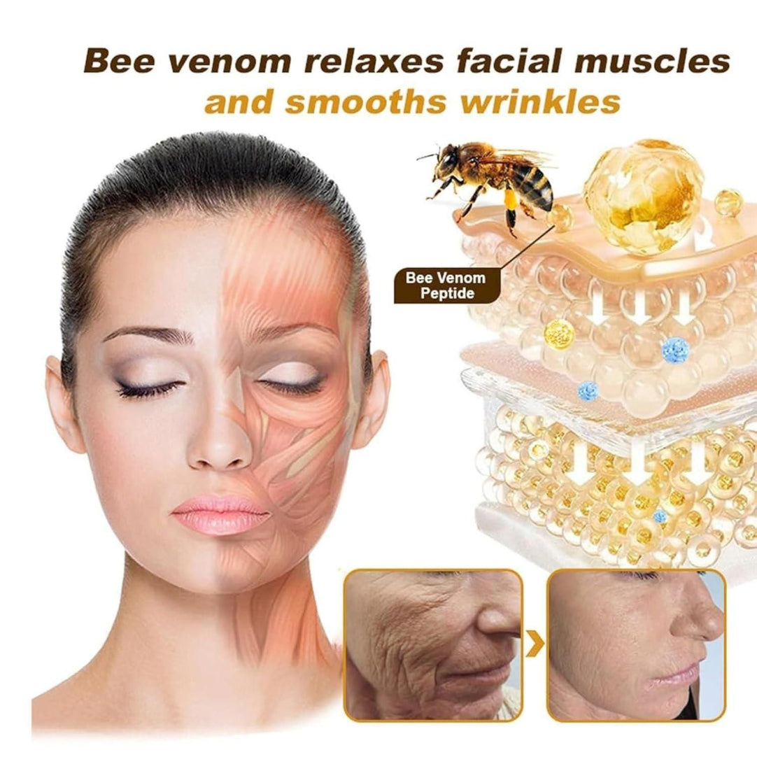 Advertisement for bee venom facial product showing before and after effects on skin.