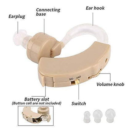 Beige hearing aid with labeled parts on a white background