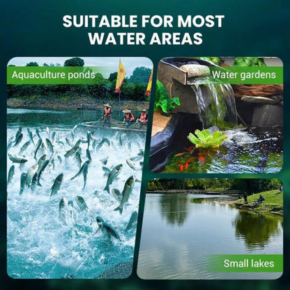 Collage of images showing fish in an aquaculture pond, a water garden with a waterfall, and a small lake. Text 'Suitable for most water areas' is displayed.