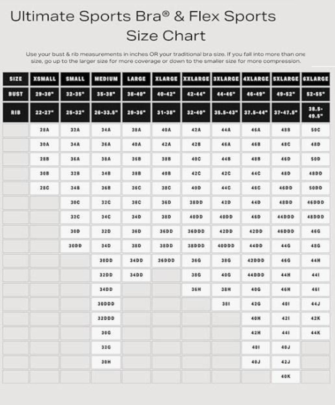 Size chart for Ultimate Sports Bra & Flex Sports with bust and rib measurements.